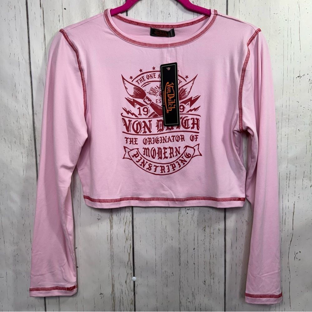 Von Dutch Pink Crop Top Long Sleeve Graphic Modern Pinstriping Y2K Size M NWT